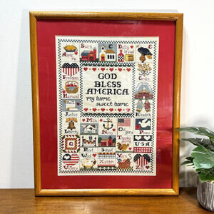 Patriotic Finished Cross Stitch Sampler God Bless America 17x21” Flags Framed